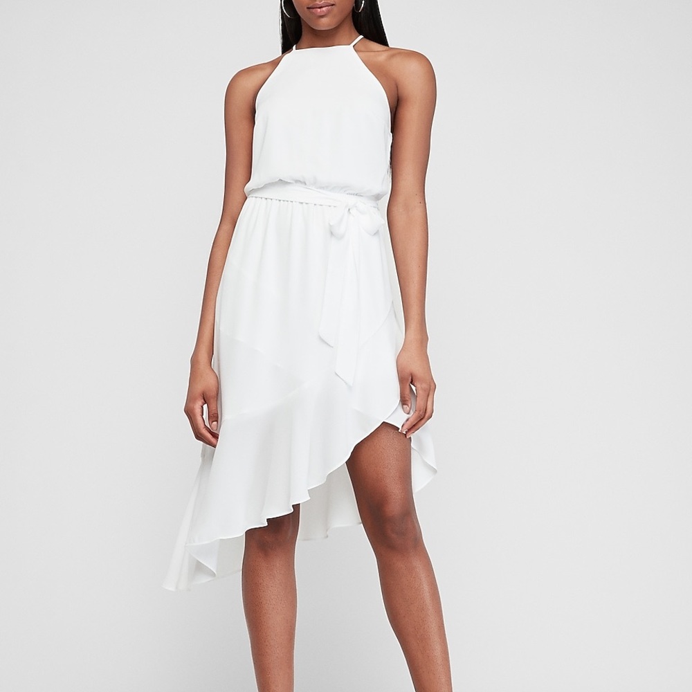 Blush color asymmetrical ruffle wrap dress